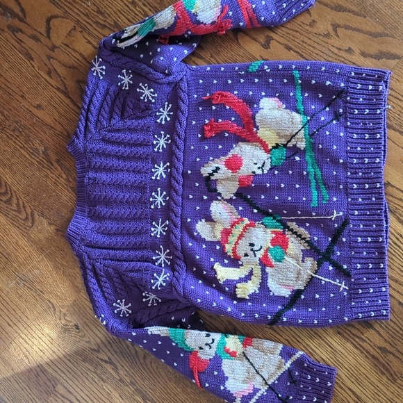 Vtg Hand Knit Ski bunnies Chunky Purple Cotton Novelty Cardigan Sweater Sz M - Picture 11 of 14